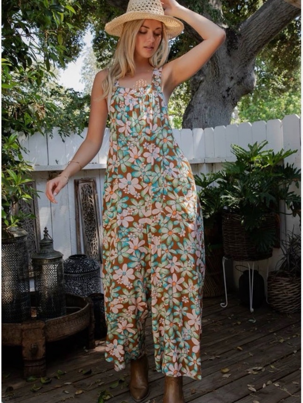Sage + Fig Retro 70s Floral Wide Leg Overalls Jumpsuit Boho - Picture 3 of 9